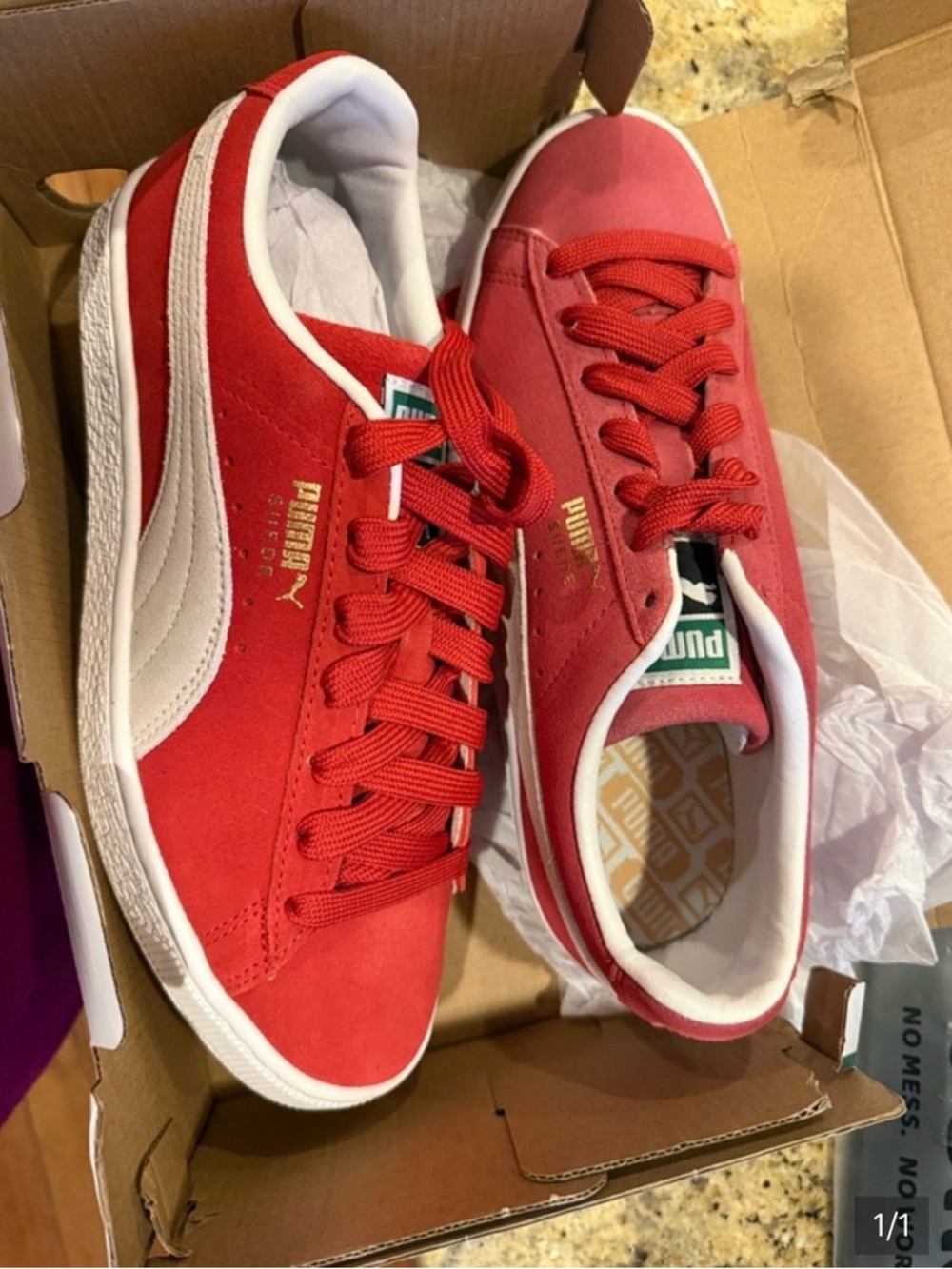 Brand new size 8 Puma Red Suede Classic Sneakers with White Formstrip